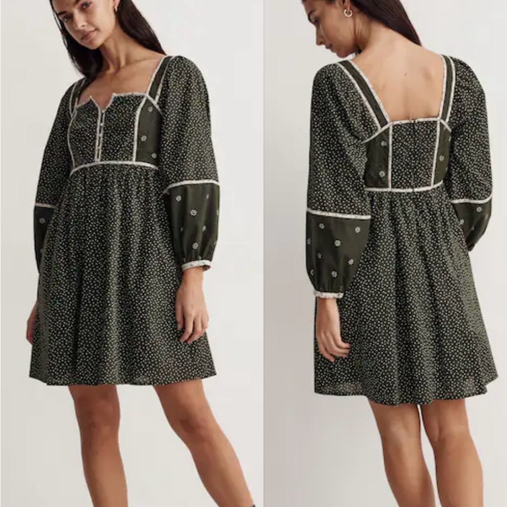 Madewell Mix Square-neck Green Quilted Floral Spring Prairie Mini Dress Size 2
